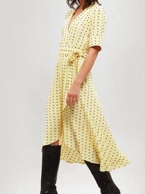 Light Yellow polkadot Wrap Maxi Dress with Tie Waist